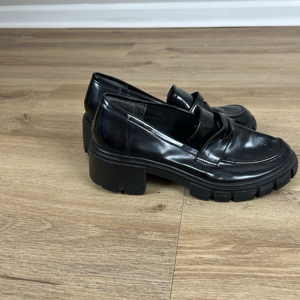 Y2K 7 Chunky Penny Loafers Black Shiny Chunky Heel Slip On Shoes - Picture 2 of 6